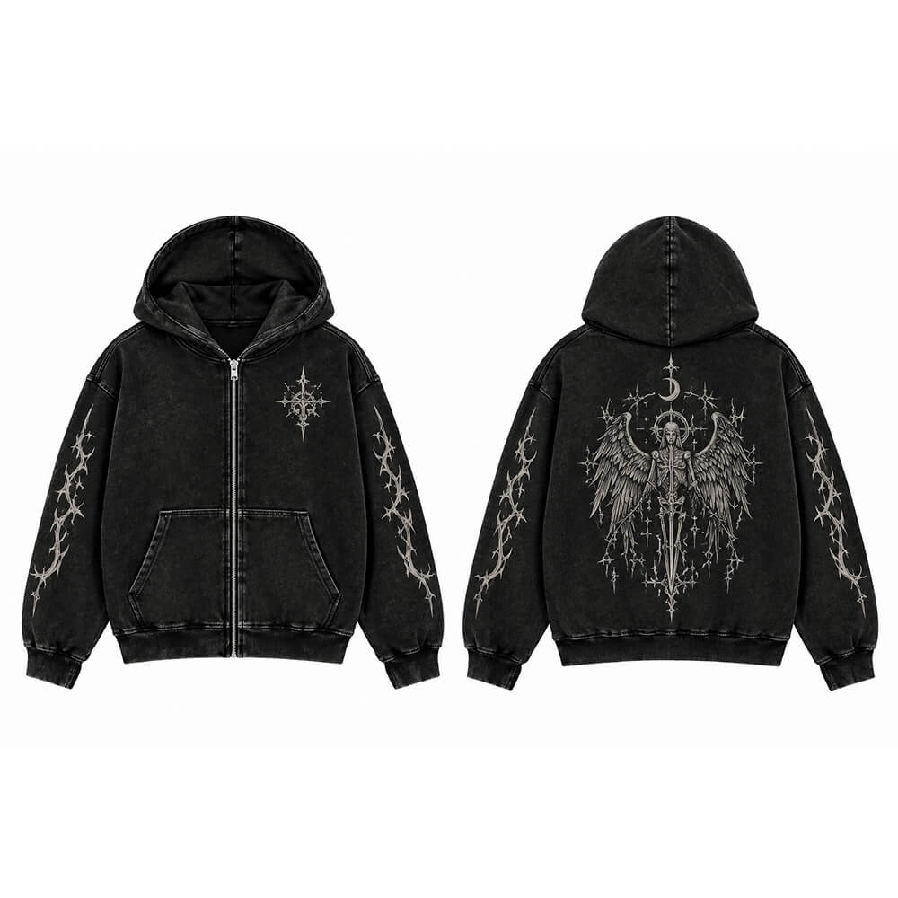 Gothic Angel Sword Vintage Washed Zip-Up Hooded Jacket