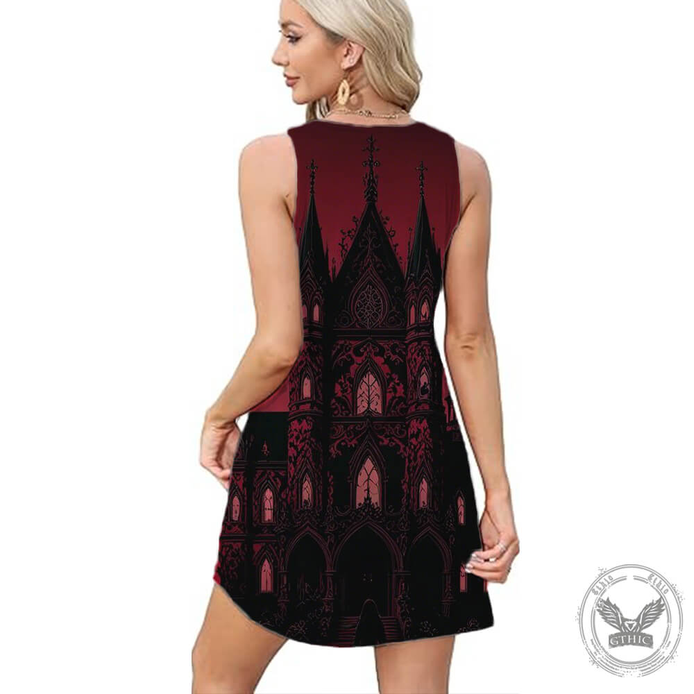 Gothic Architecture Print V-Neck Vest Dress 02 | Gthic.com