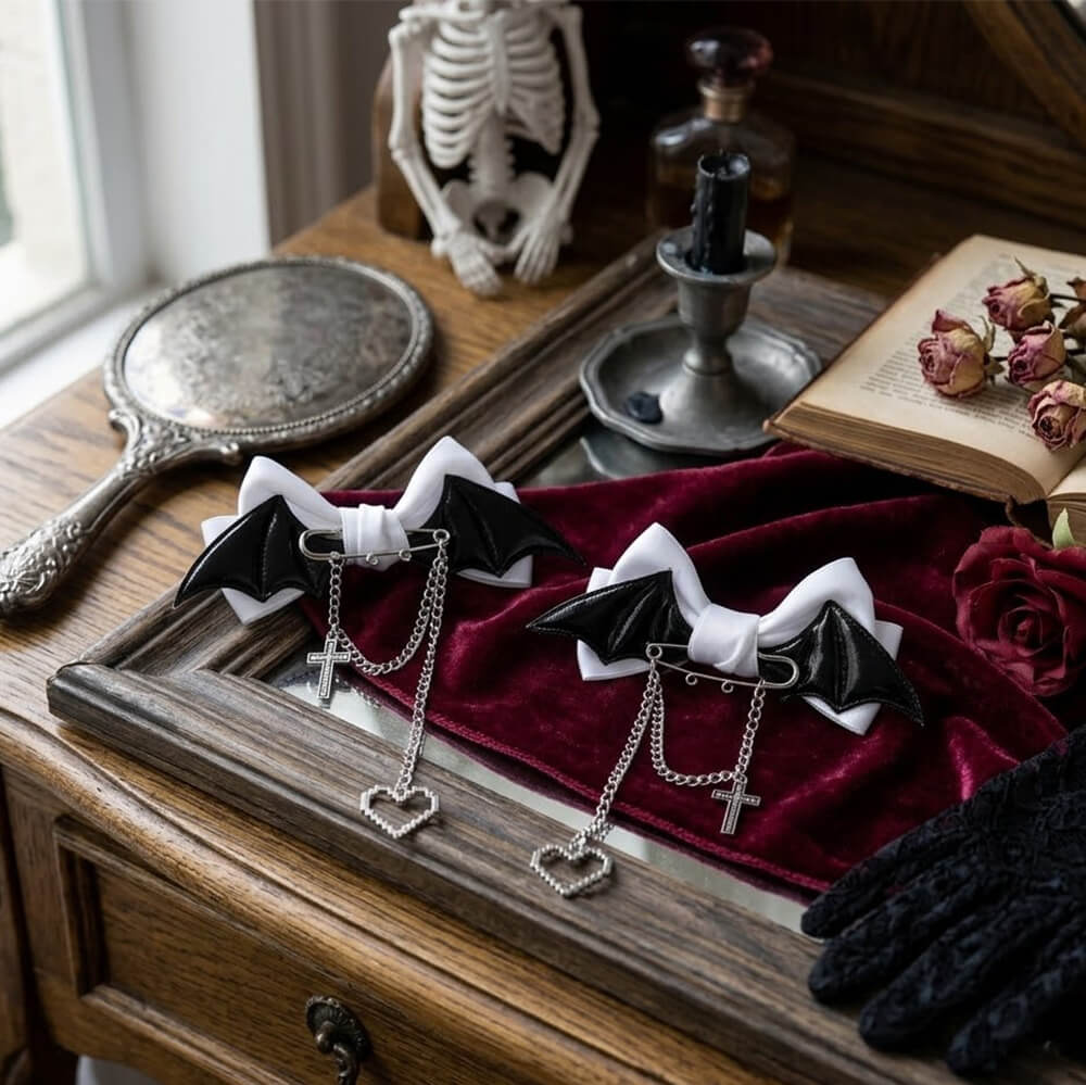 Gothic Bat-Wing Cross Chain Bow Hair Clips | Gthic.com