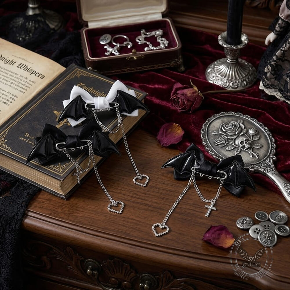 Gothic Bat-Wing Cross Chain Bow Hair Clips