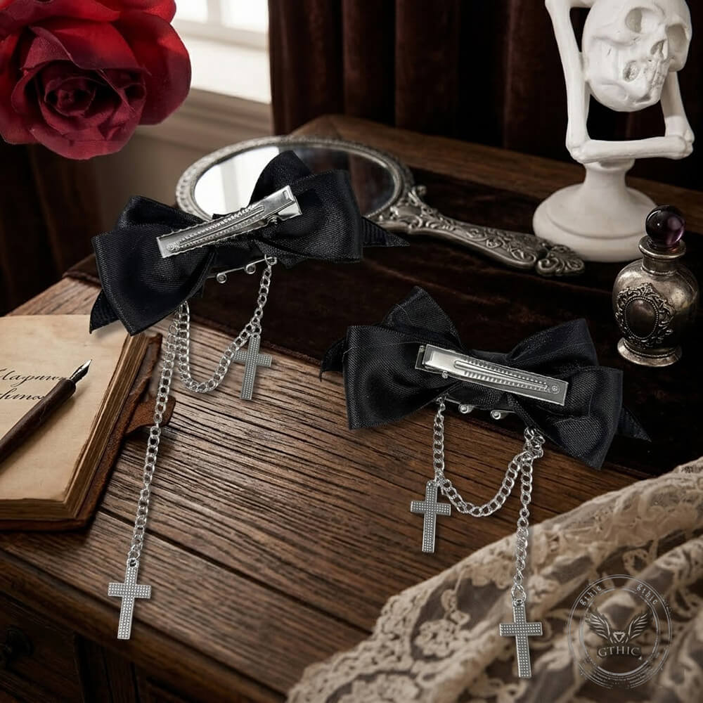 Gothic Bat-Wing Cross Chain Bow Hair Clips