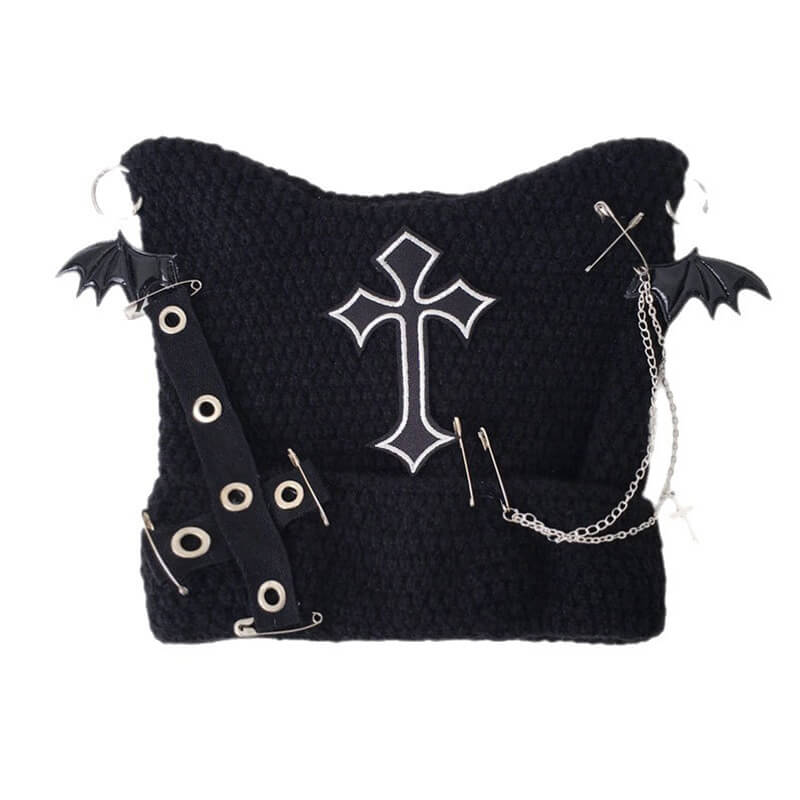 Gothic Bat Wings Cross Chain Cat Ear Knitted Beanies Hat
