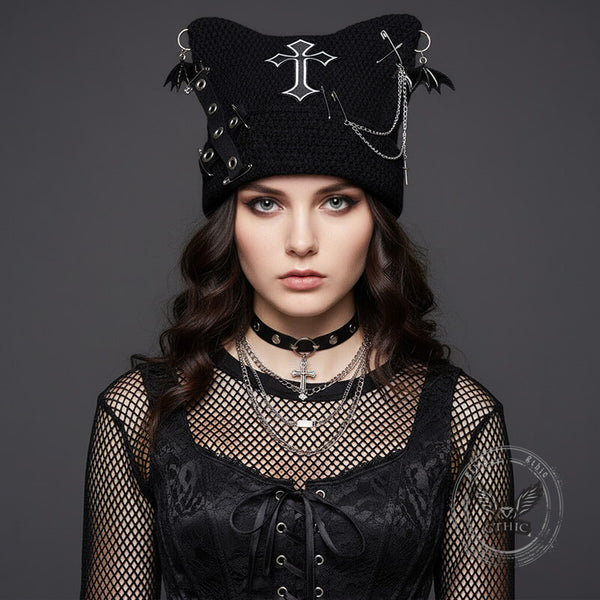 Gothic Bat Wings Cross Chain Cat Ear Knitted Beanies Hat – GTHIC display picture 1