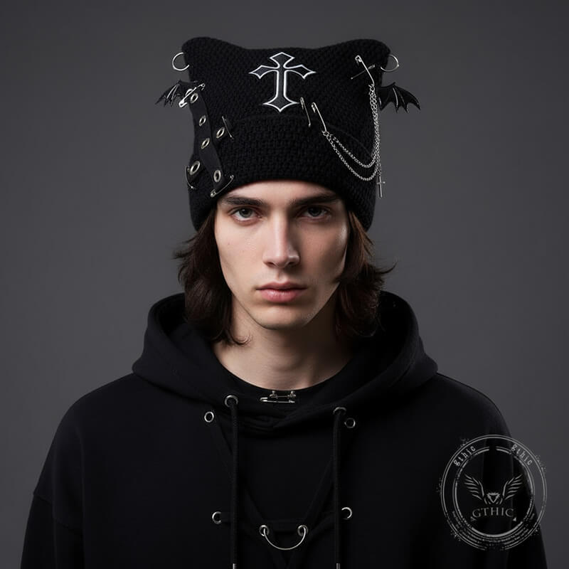 Gothic Bat Wings Cross Chain Black Cat Ear Knitted Hat | Gthic.com