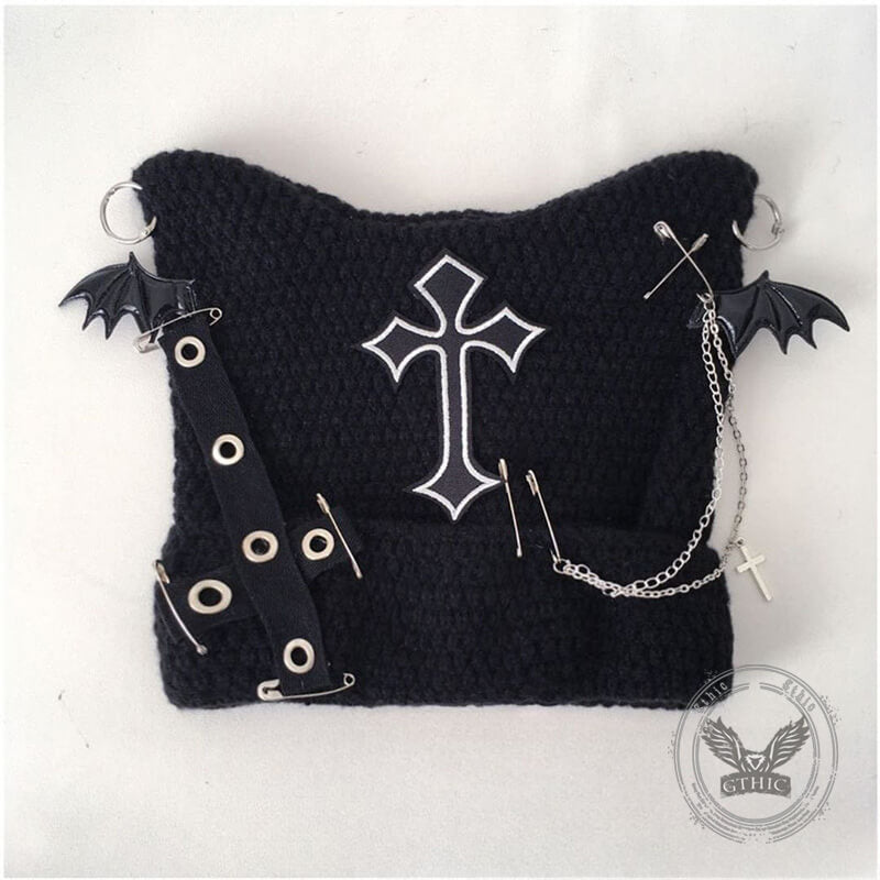 Gothic Bat Wings Cross Chain Black Cat Ear Knitted Hat | Gthic.com