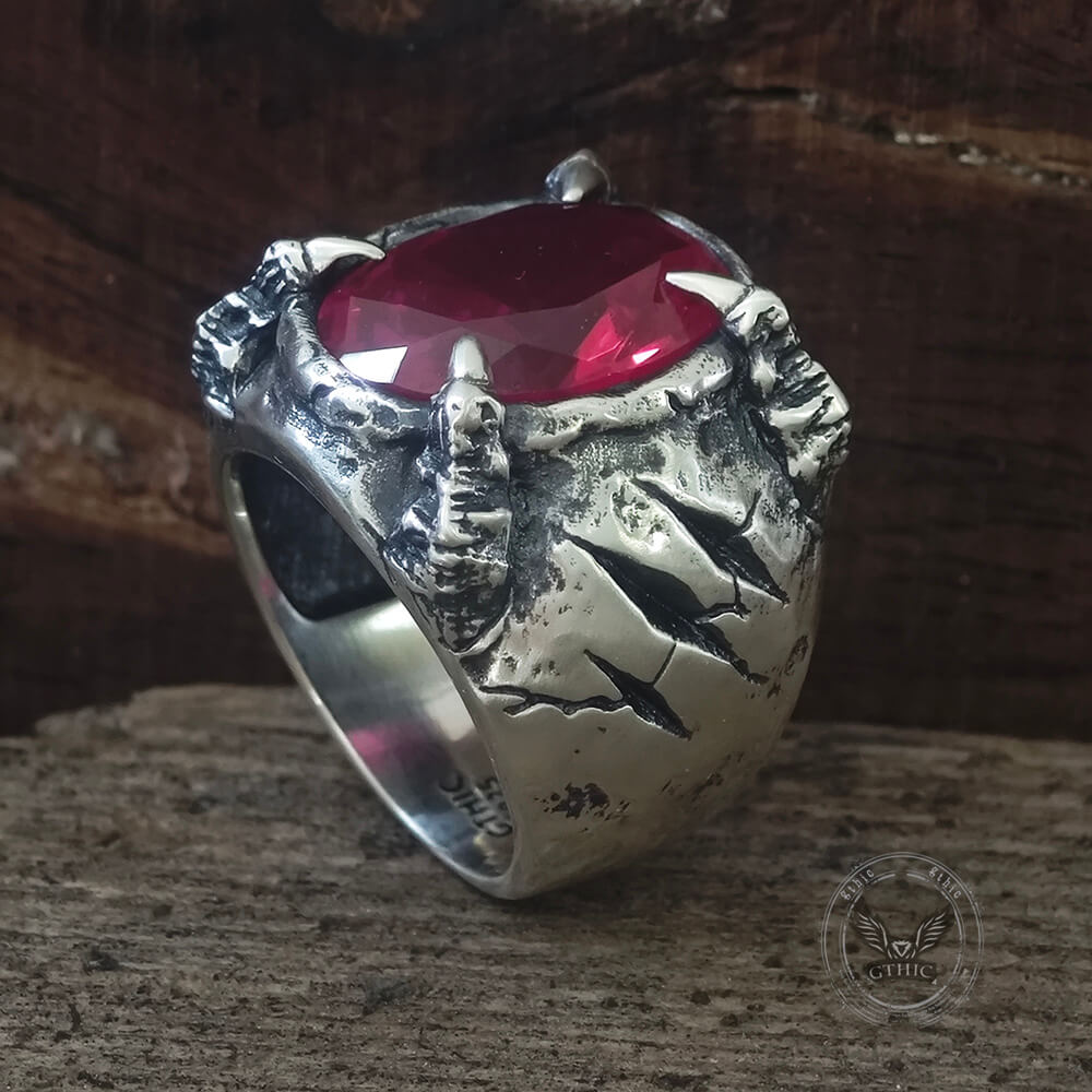 Gothic Beast Claw Gemstone Sterling Silver Ring