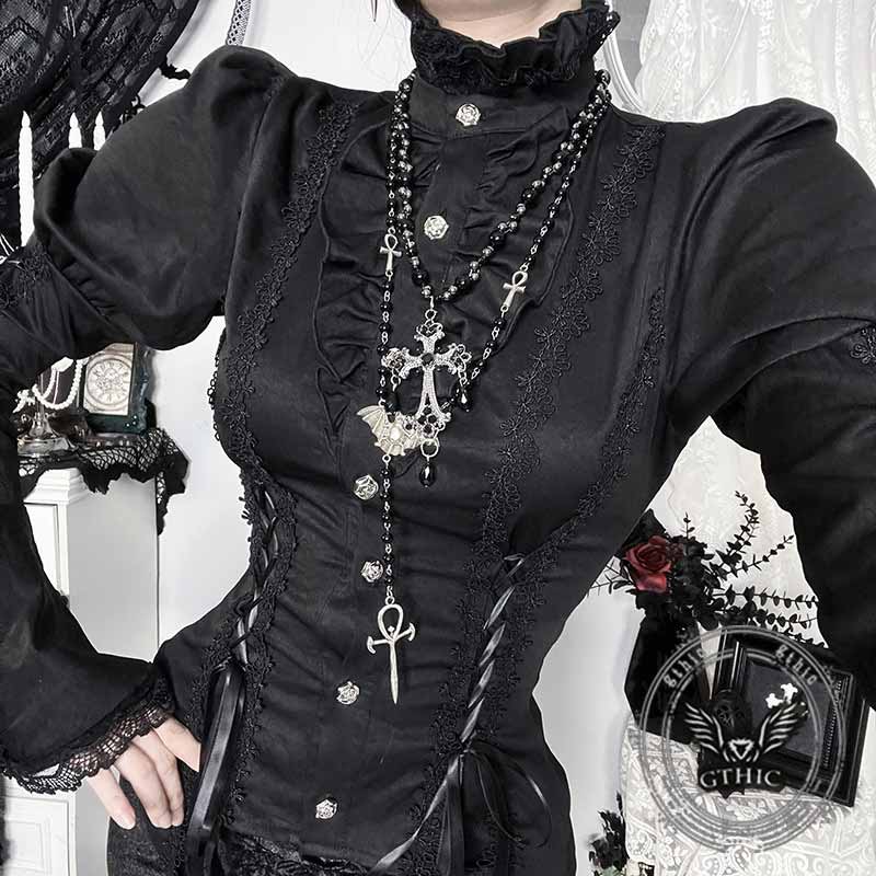 Gothic Bell Sleeve Slim Fit Versatile Lace-Up Shirt | Gthic.com