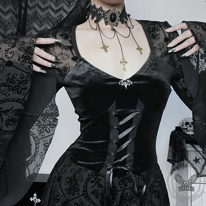 Gothic Bell Sleeves Lace Flocking Mini Dress | Gthic.com