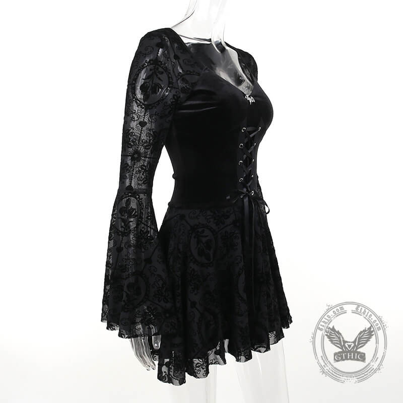 Gothic Bell Sleeves Lace Flocking Mini Dress