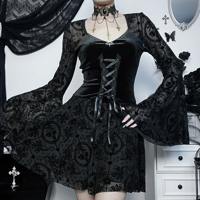 Gothic Bell Sleeves Lace Flocking Mini Dress | Gthic.com