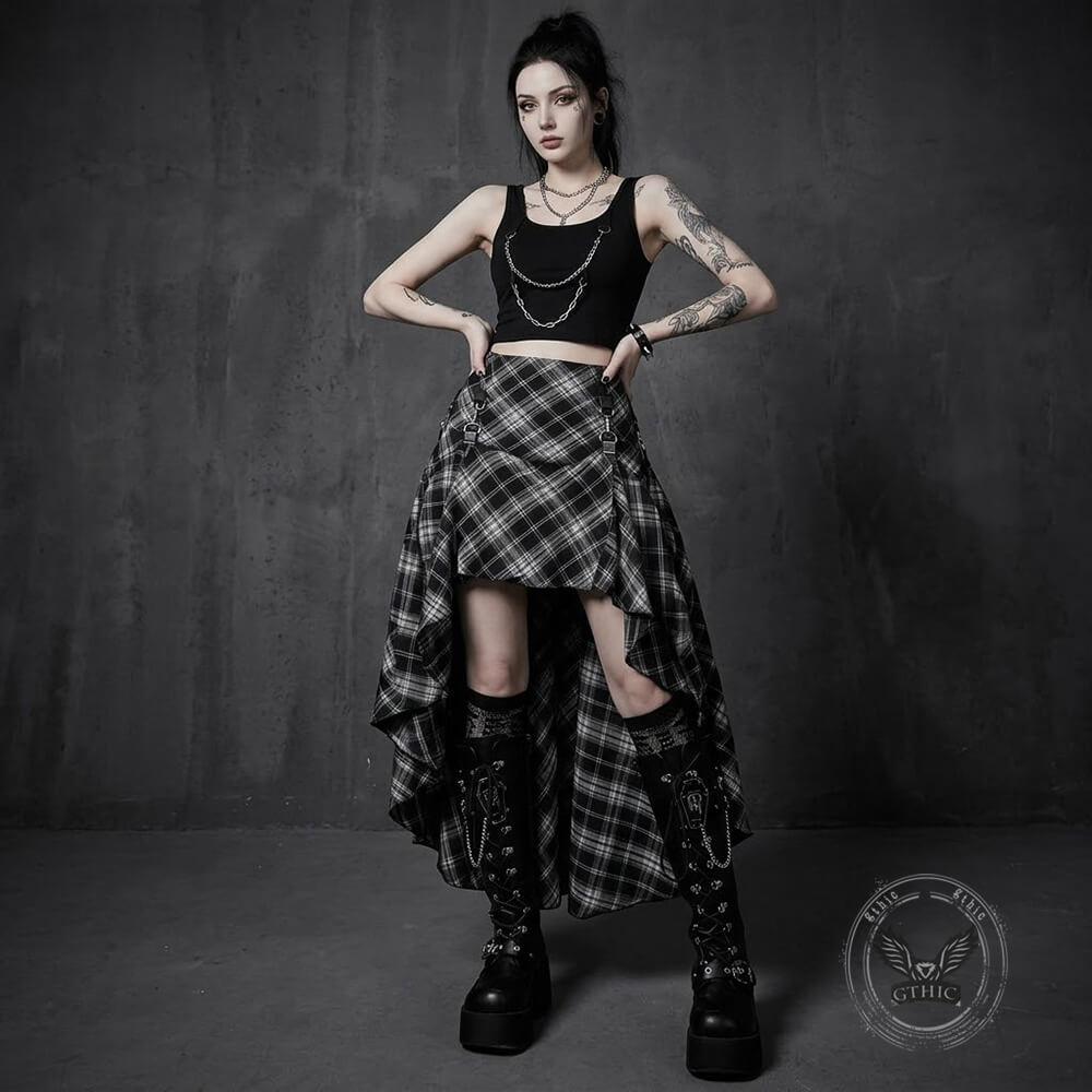 Gothic Black And White Checkered Irregular Skirt | Gthic.com