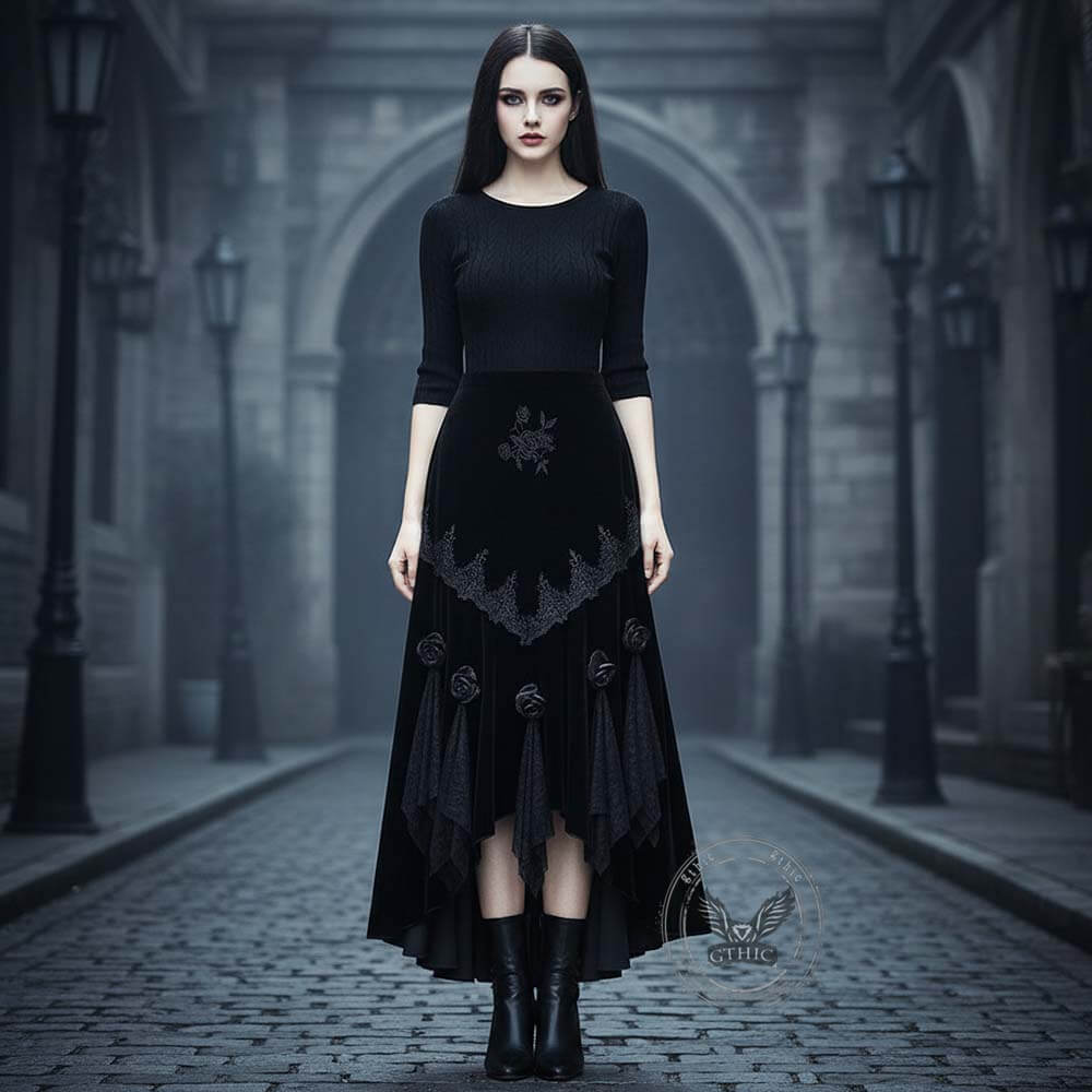 Gothic Black Embroidered High-Waisted Velvet Fishtail Skirt | Gthic.com