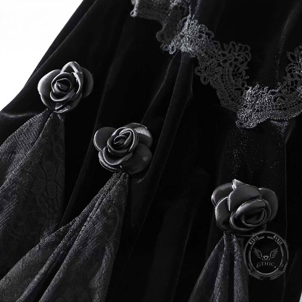 Gothic Black Embroidered High-Waisted Velvet Fishtail Skirt | Gthic.com