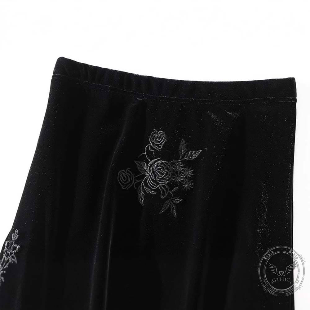 Gothic Black Embroidered High-Waisted Velvet Fishtail Skirt