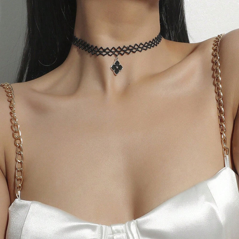 Gothic Black Hollow Lace Tassel Alloy Choker Necklace