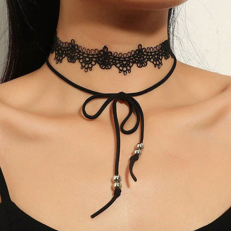 Gothic Black Hollow Lace Tassel Alloy Choker Necklace