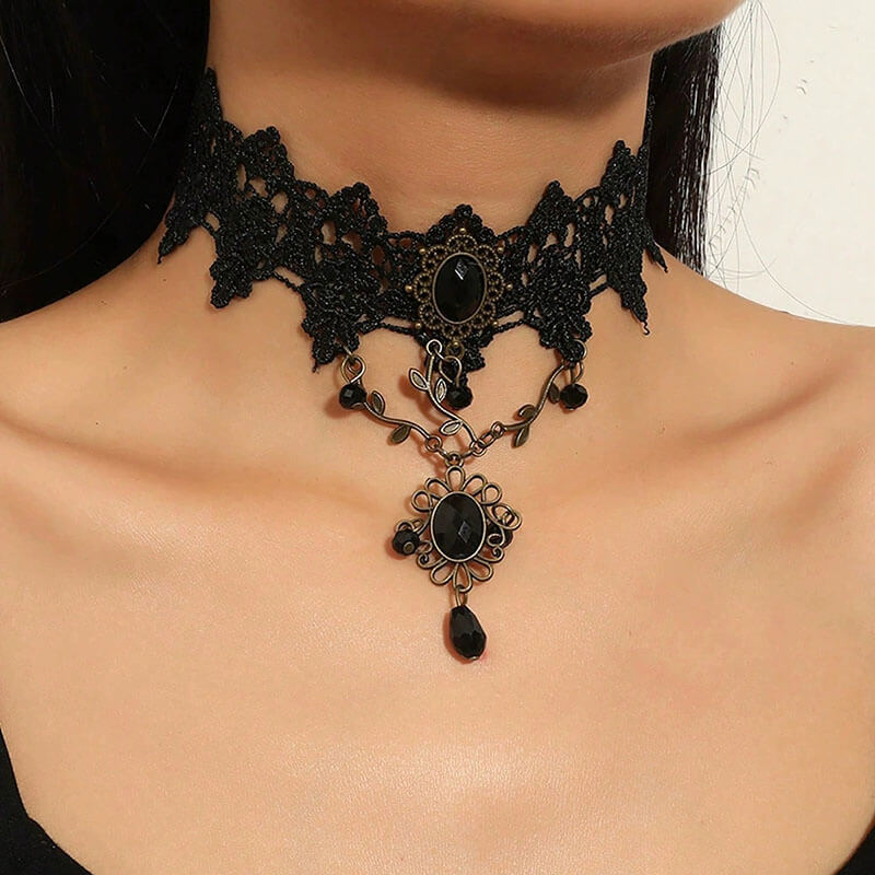 Gothic Black Hollow Lace Tassel Alloy Choker Necklace
