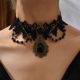 Gothic Black Hollow Lace Tassel Alloy Choker Necklace
