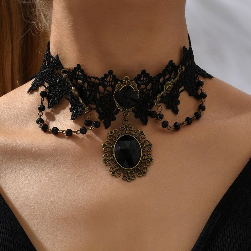 Gothic Black Hollow Lace Tassel Alloy Choker Necklace