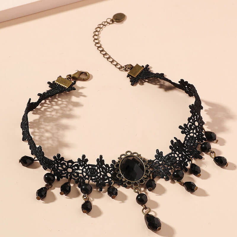 Gothic Black Hollow Lace Tassel Alloy Choker Necklace