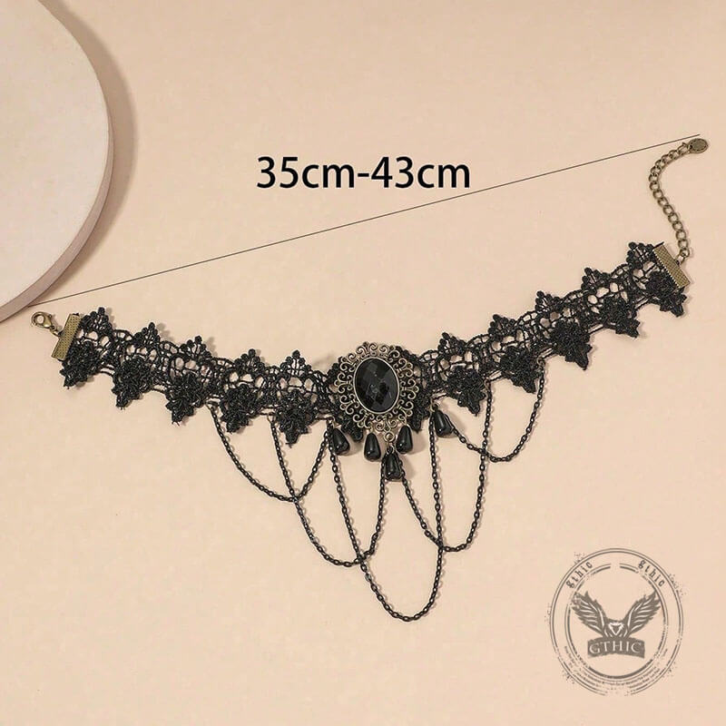 Gothic Black Hollow Lace Tassel Alloy Choker Necklace