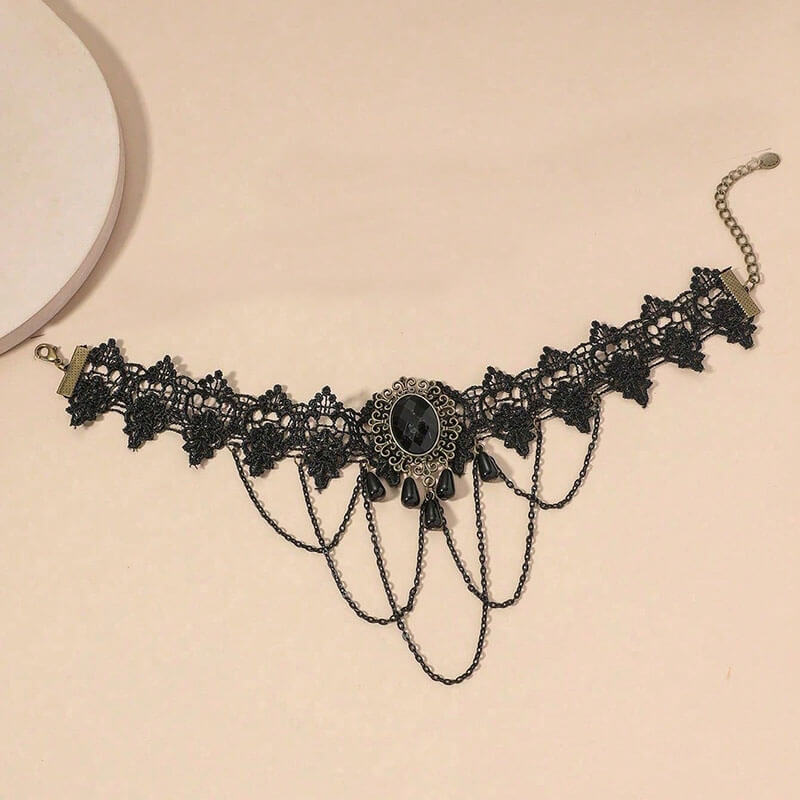 Gothic Black Hollow Lace Tassel Alloy Choker Necklace