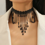 Gothic Black Hollow Lace Tassel Alloy Choker Necklace