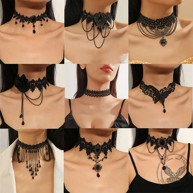 Gothic Black Hollow Lace Tassel Alloy Choker Necklace | Gthic.com