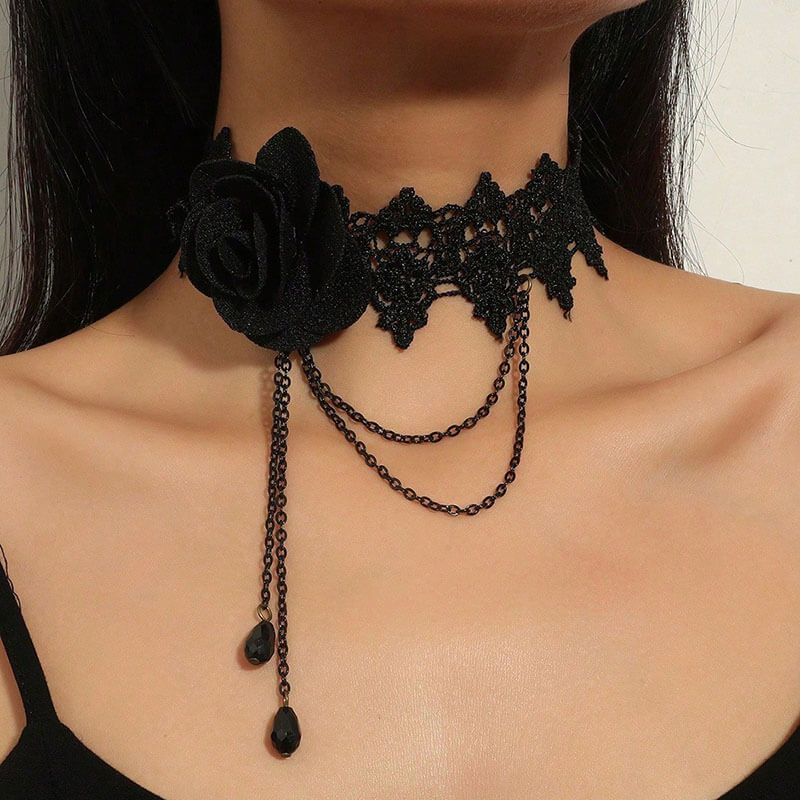 Gothic Black Hollow Lace Tassel Alloy Choker Necklace