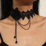 Gothic Black Hollow Lace Tassel Alloy Choker Necklace