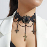 Gothic Black Hollow Lace Tassel Alloy Choker Necklace