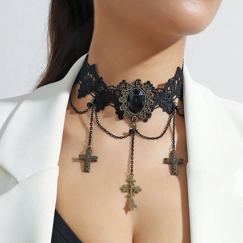 Gothic Black Hollow Lace Tassel Alloy Choker Necklace