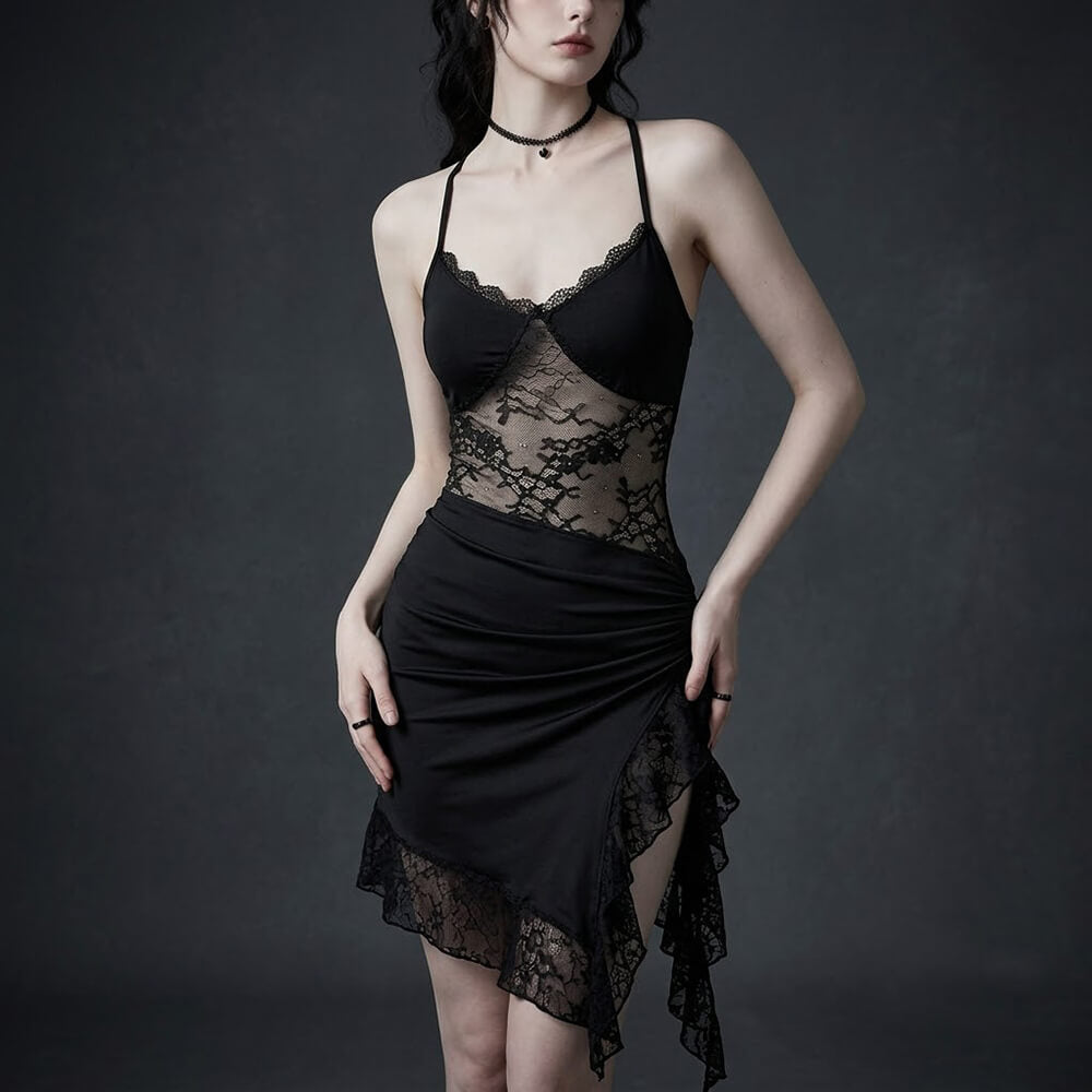 Gothic Black Lace Form-Fitting Sheer Halter-Neck Dress | Gthic.com