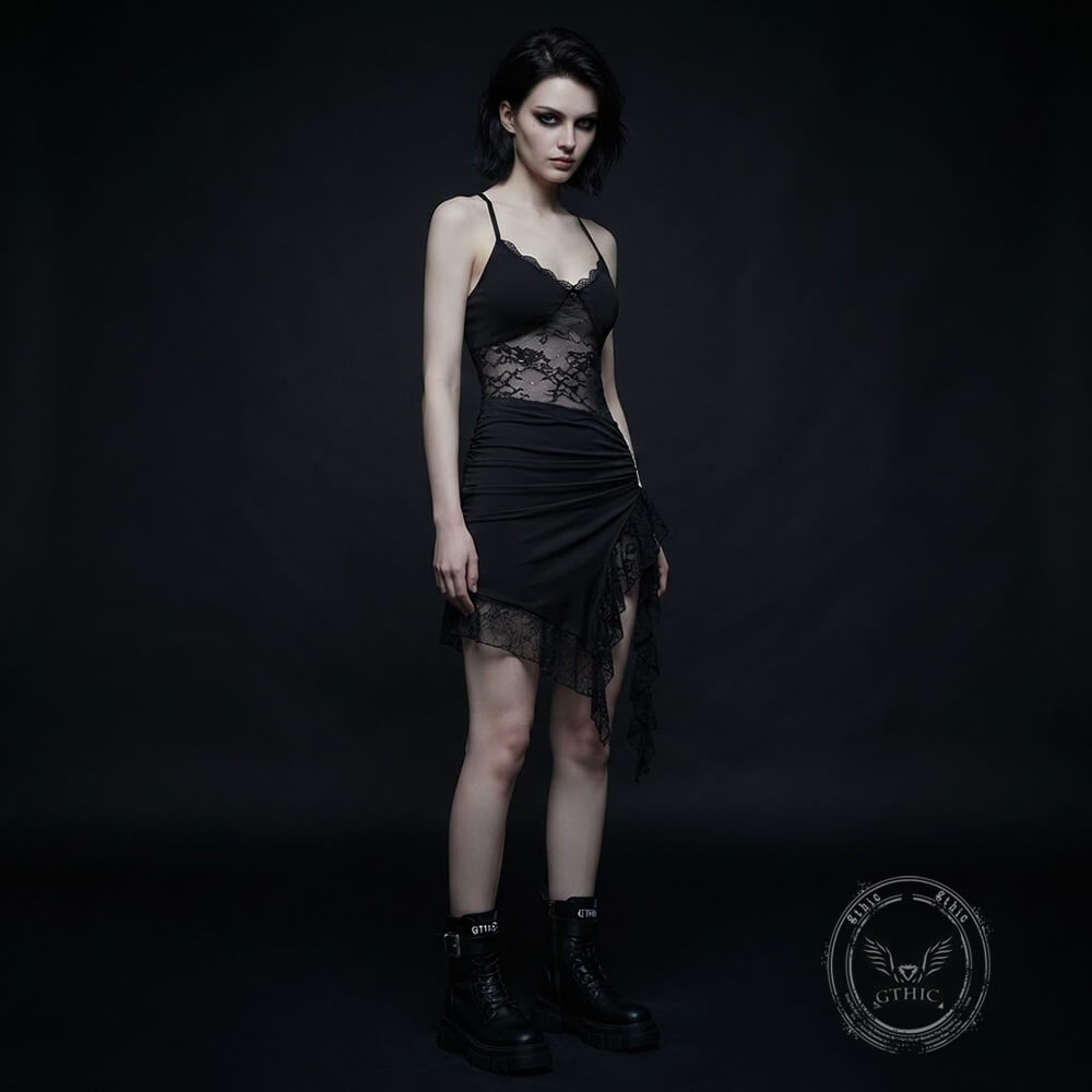 Gothic Black Lace Form-Fitting Sheer Halter-Neck Dress