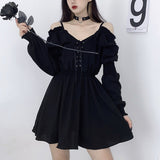 Gothic Black Off-Shoulder Lace Up Mini Dress | Gthic.com