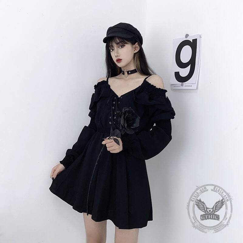 Gothic Black Off-Shoulder Lace Up Mini Dress | Gthic.com