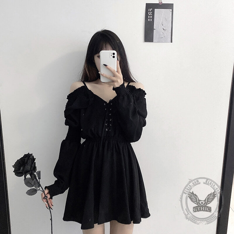 Gothic Black Off-Shoulder Lace Up Mini Dress