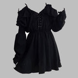 Gothic Black Off-Shoulder Lace Up Mini Dress | Gthic.com