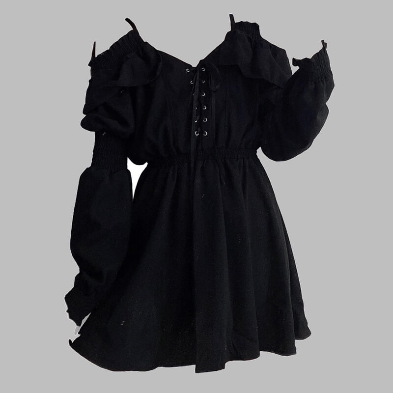 Gothic Black Off-Shoulder Lace Up Mini Dress GTHIC Gothic Black Off-Shoulder Lace Up Mini Dress GTHIC
