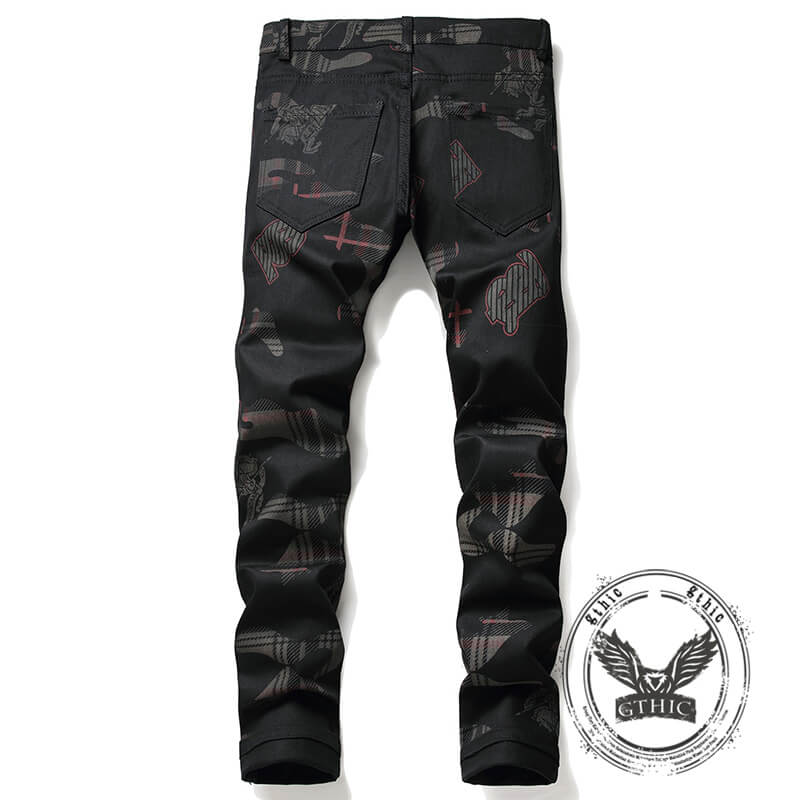 Gothic Black Print Straight Stretch Jeans | Gthic.com