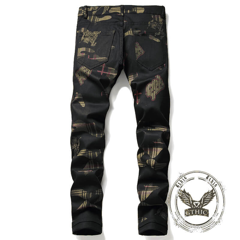 Gothic Black Print Straight Stretch Jeans | Gthic.com