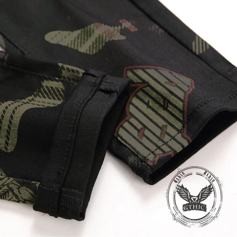 Pantaloni punk da uomo in cotone con stampa teschio patch