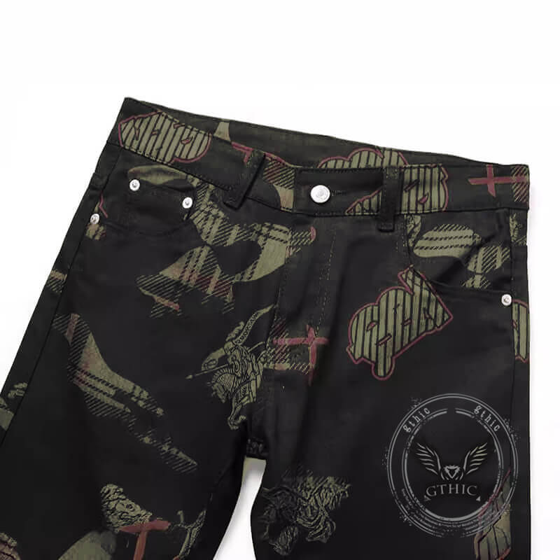 Gothic Black Print Straight Stretch Jeans
