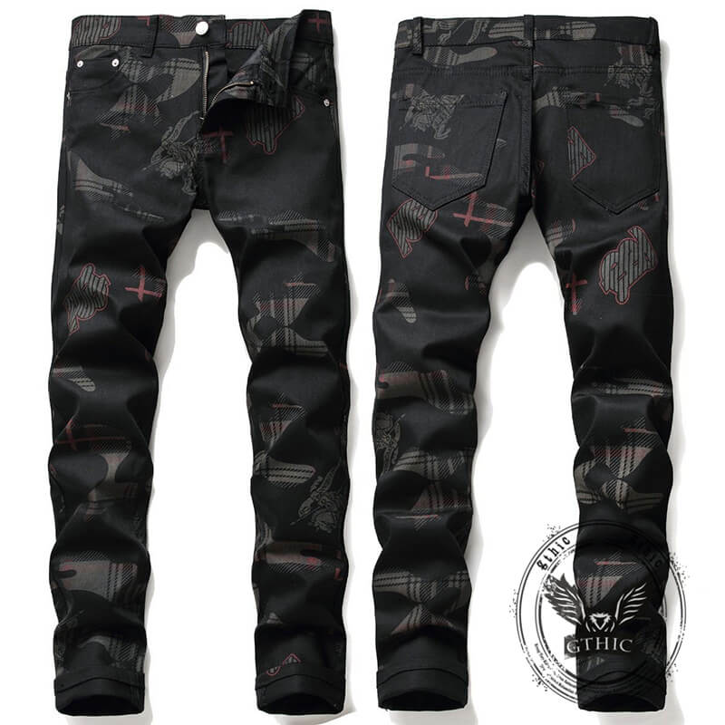 Gothic Black Print Straight Stretch Jeans | Gthic.com