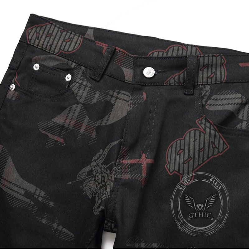 Gothic Black Print Straight Stretch Jeans | Gthic.com