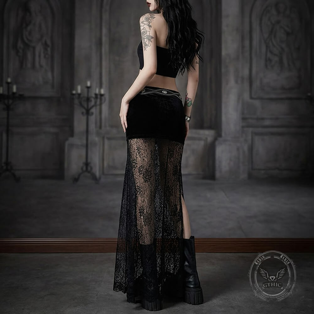 Gothic Black Sheer Lace Side Slit Long Skirt | Gthic.com