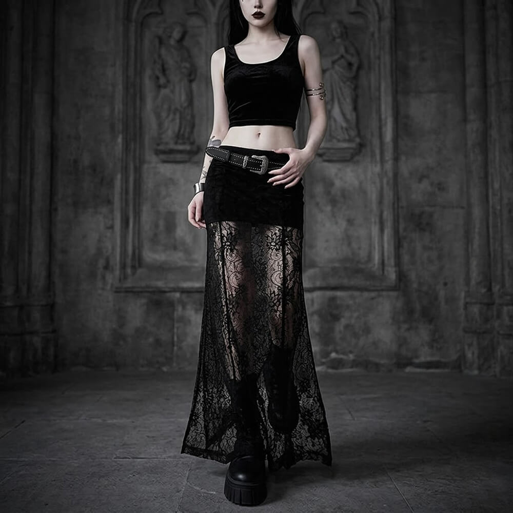 Gothic Black Sheer Lace Side Slit Long Skirt | Gthic.com