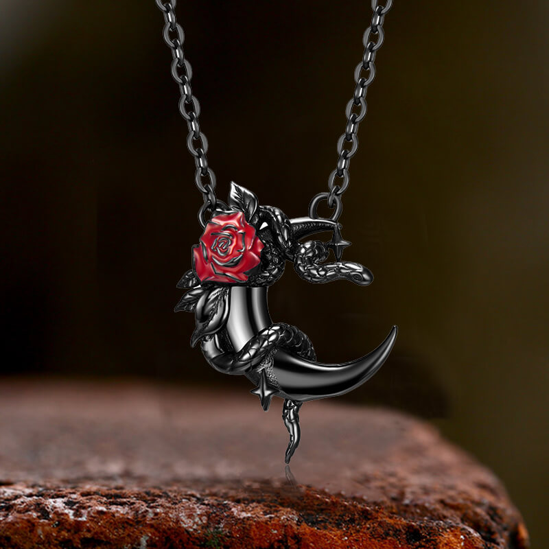 Gothic Black Snake Rose Moon Sterling Silver Necklace 01 | Gthic.com