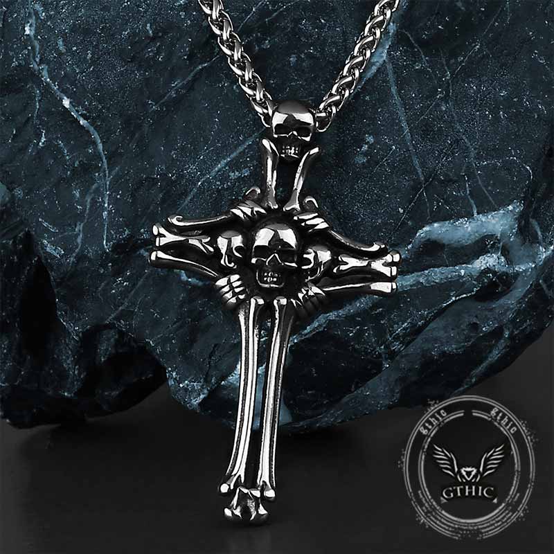 Gothic Bone Skull Stainless Steel Cross Pendant | Gthic.com