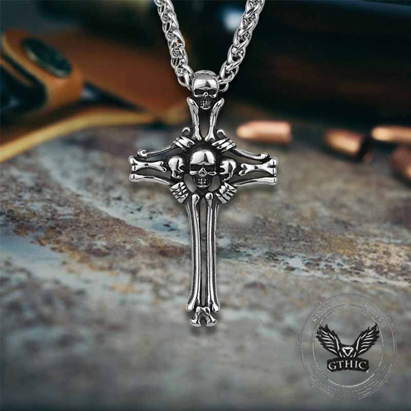 Gothic Bone Skull Stainless Steel Cross Pendant | Gthic.com